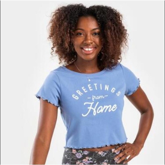 Alya Tops - Alya Women's Cropped Lettuce Hem Greetings From Home T-Shirt Blue‎ Size Small